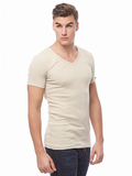 COTTONIL Men's Ribbed Cotton V-Neck Short-Sleeve Undershirt - Beige