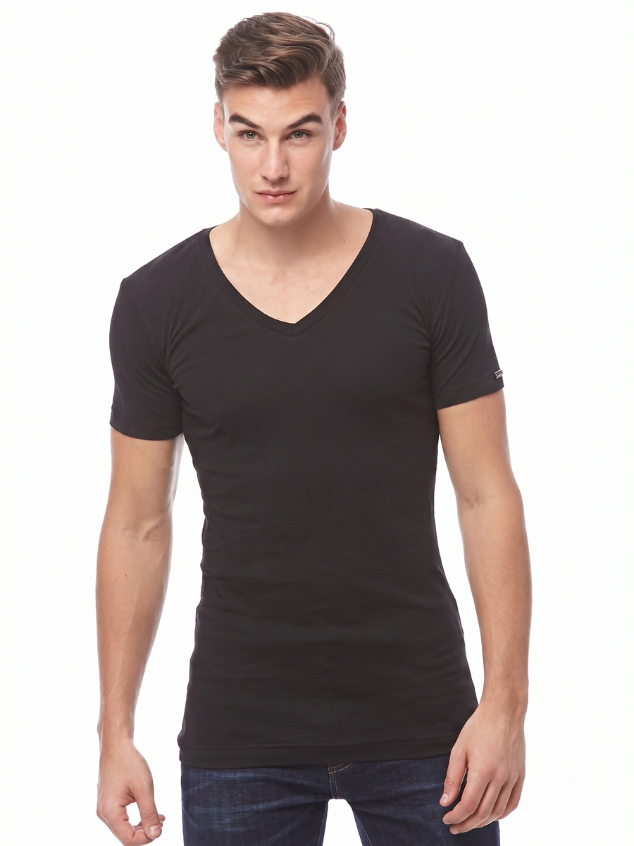 COTTONIL Men's Ribbed Cotton V-Neck Short-Sleeve Undershirt - Black