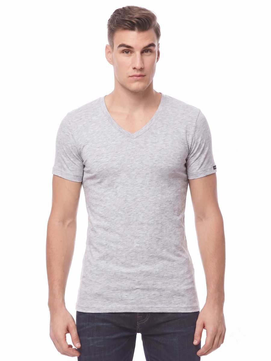 COTTONIL Men's Ribbed Cotton V-Neck Short-Sleeve Undershirt - Grey Melange