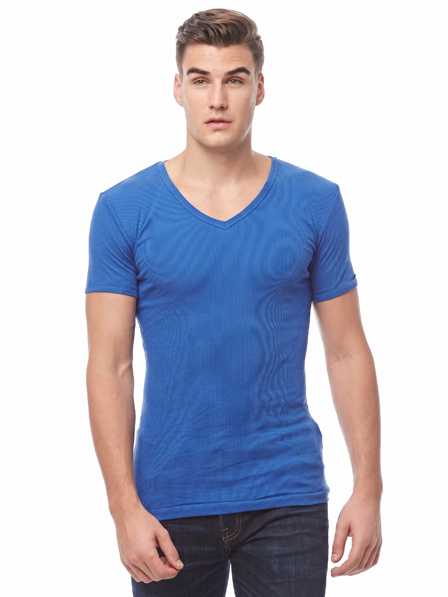 COTTONIL Men's Ribbed Cotton V-Neck Short-Sleeve Undershirt - Mid Blue