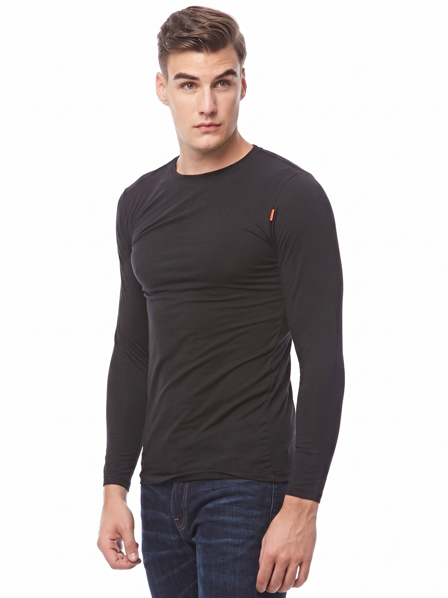 COTTONIL Men's Cotton Stretch O-Neck Long-Sleeve Undershirt - Black