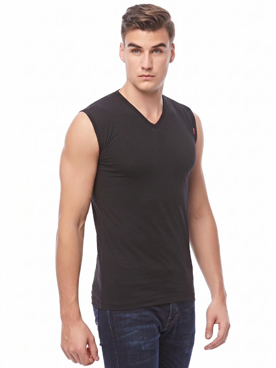 COTTONIL Men's Cotton Stretch V-Neck Cut Top Undershirt - Black