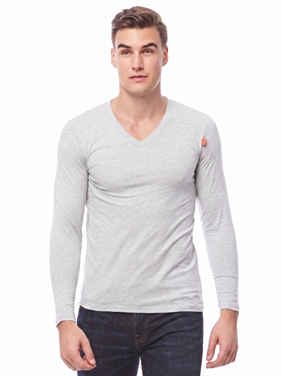 COTTONIL Men's Cotton Stretch V-Neck Long-Sleeve Undershirt - Grey Melange