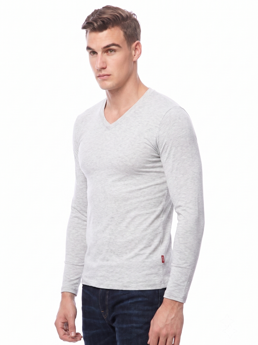 COTTONIL Men's Cotton Stretch V-Neck Long-Sleeve Undershirt - Grey Melange