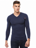 COTTONIL Men's Cotton Stretch V-Neck Long-Sleeve Undershirt - Navy