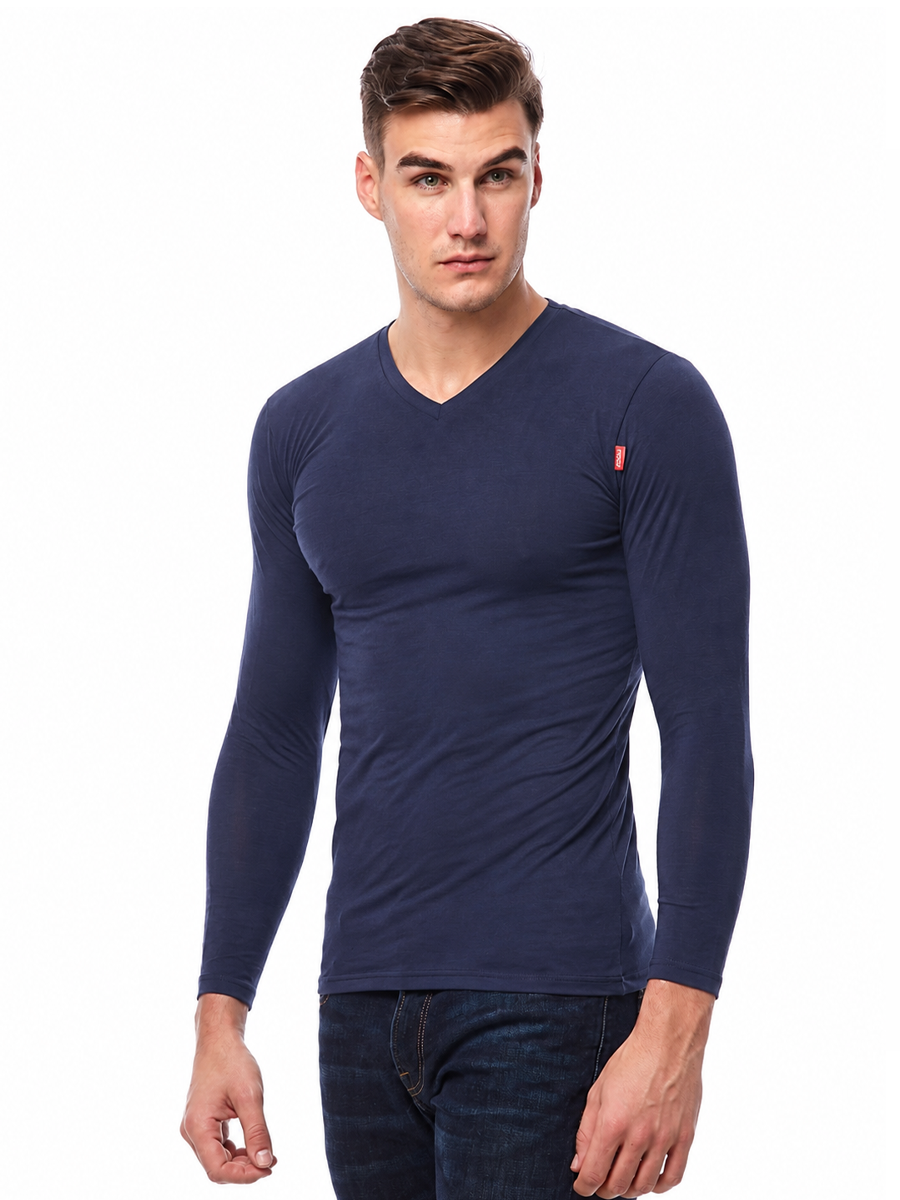 COTTONIL Men's Cotton Stretch V-Neck Long-Sleeve Undershirt - Navy