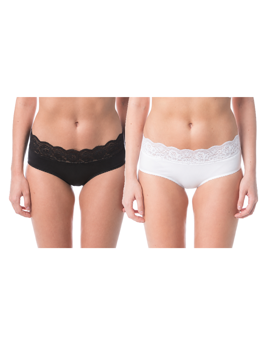 COTTONIL Women's Cotton Candy Lace Midi Briefs - Pack of 2 - Black/White