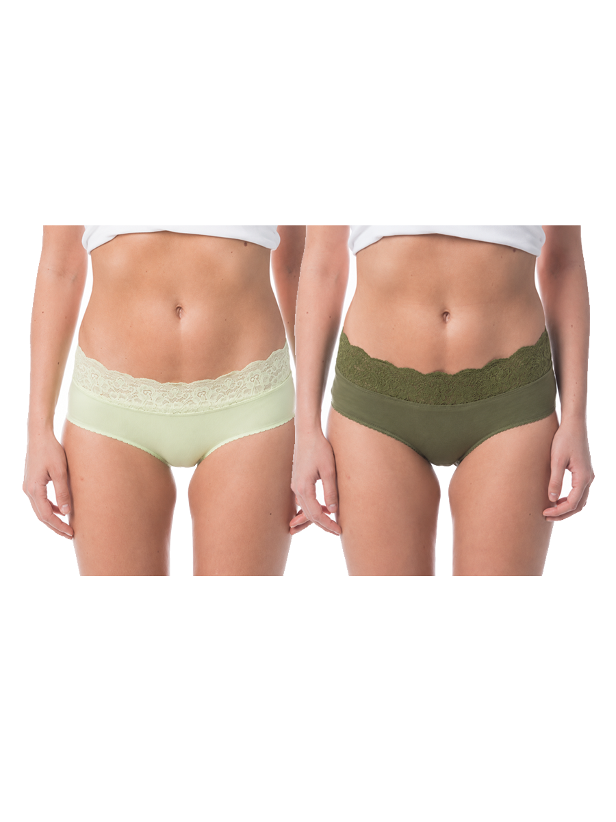 COTTONIL Women's Cotton Candy Lace Midi Briefs - Pack of 2 - Green/L.Green