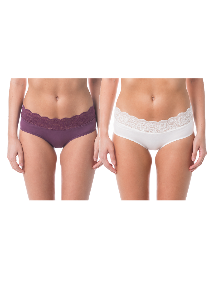 COTTONIL Women's Cotton Candy Lace Midi Briefs - Pack of 2 - Purple/Offwhite