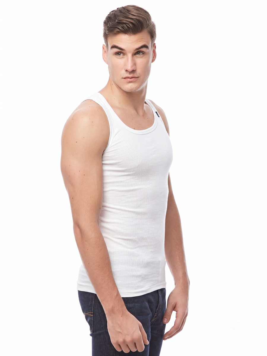 COTTONIL Men's Ribbed Cotton Sleeveless Undershirt - White