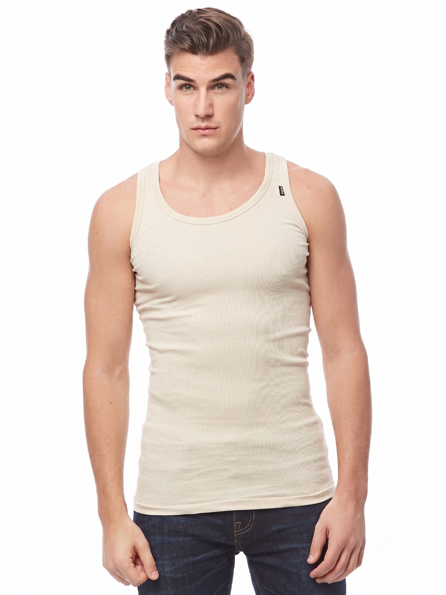 COTTONIL Men's Ribbed Cotton Sleeveless Undershirt - Beige