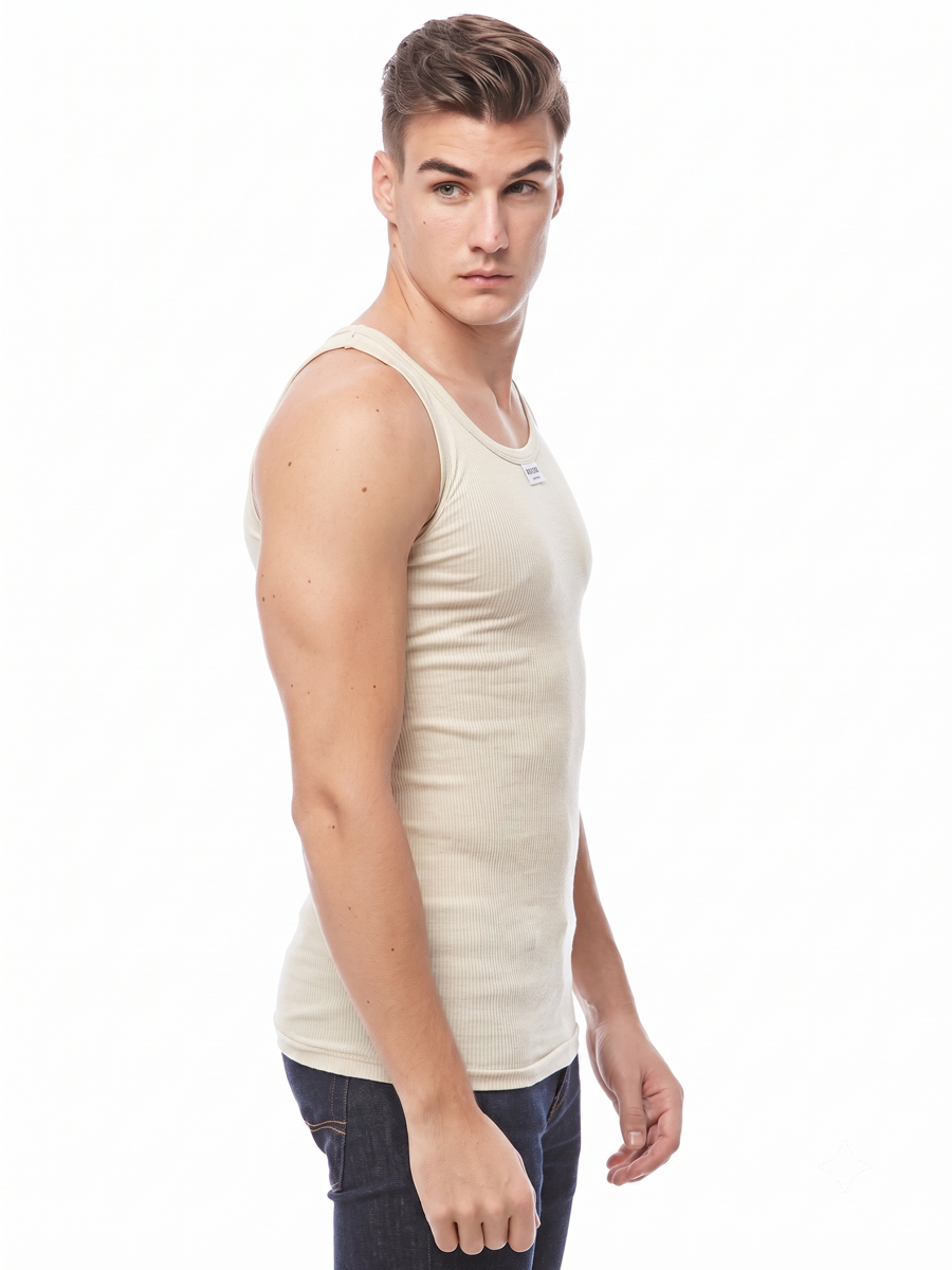 COTTONIL Men's Ribbed Cotton Sleeveless Undershirt - Beige