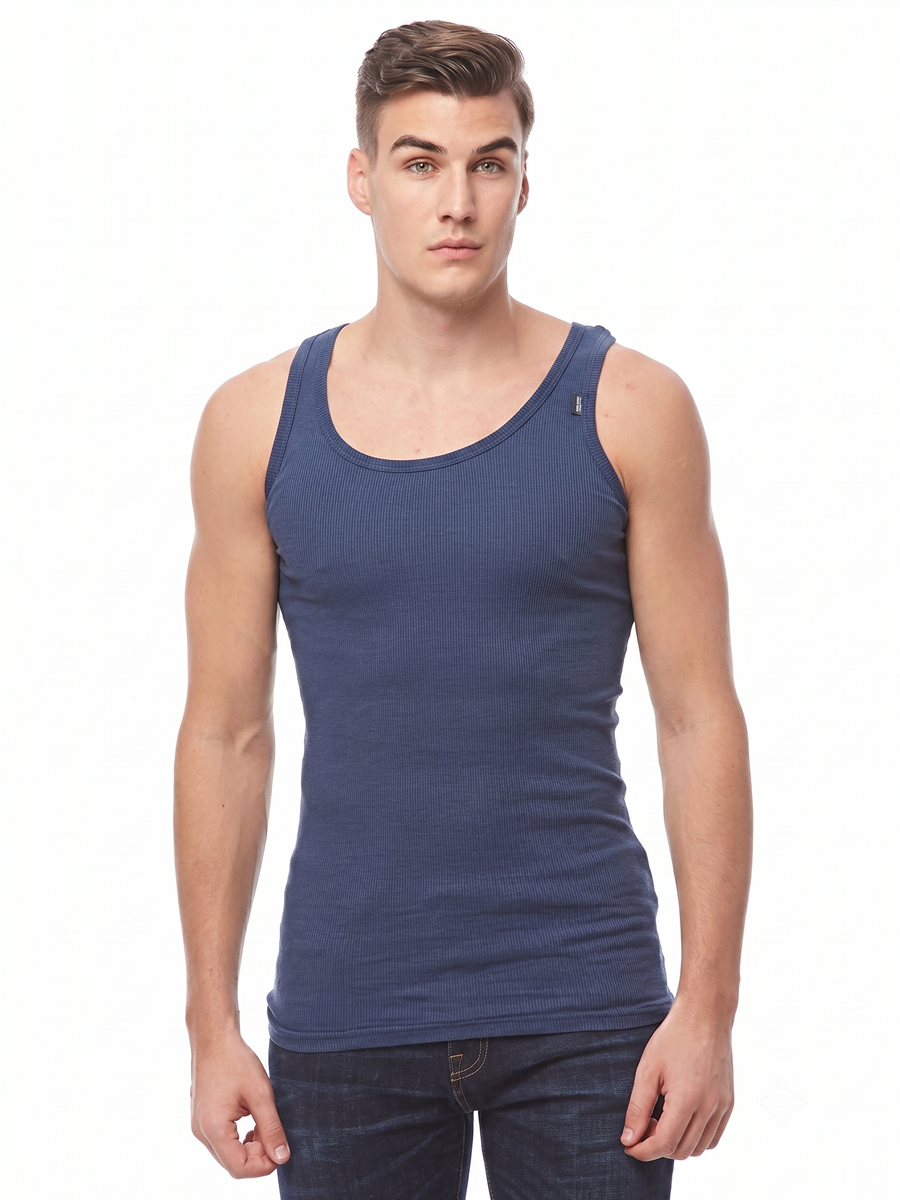 COTTONIL Men's Ribbed Cotton Sleeveless Undershirt - Navy