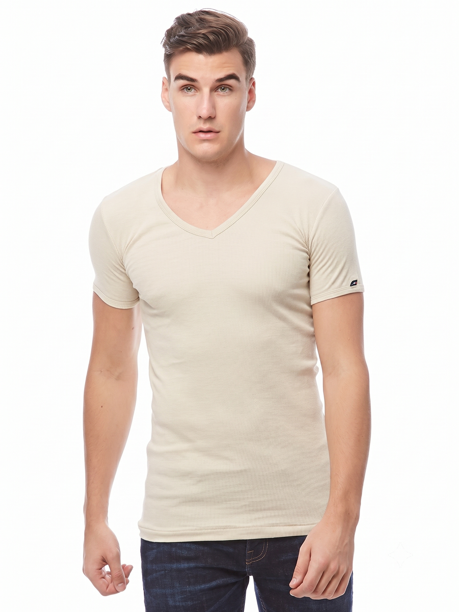 COTTONIL Men's Ribbed Cotton V-Neck Short-Sleeve Undershirt - Beige