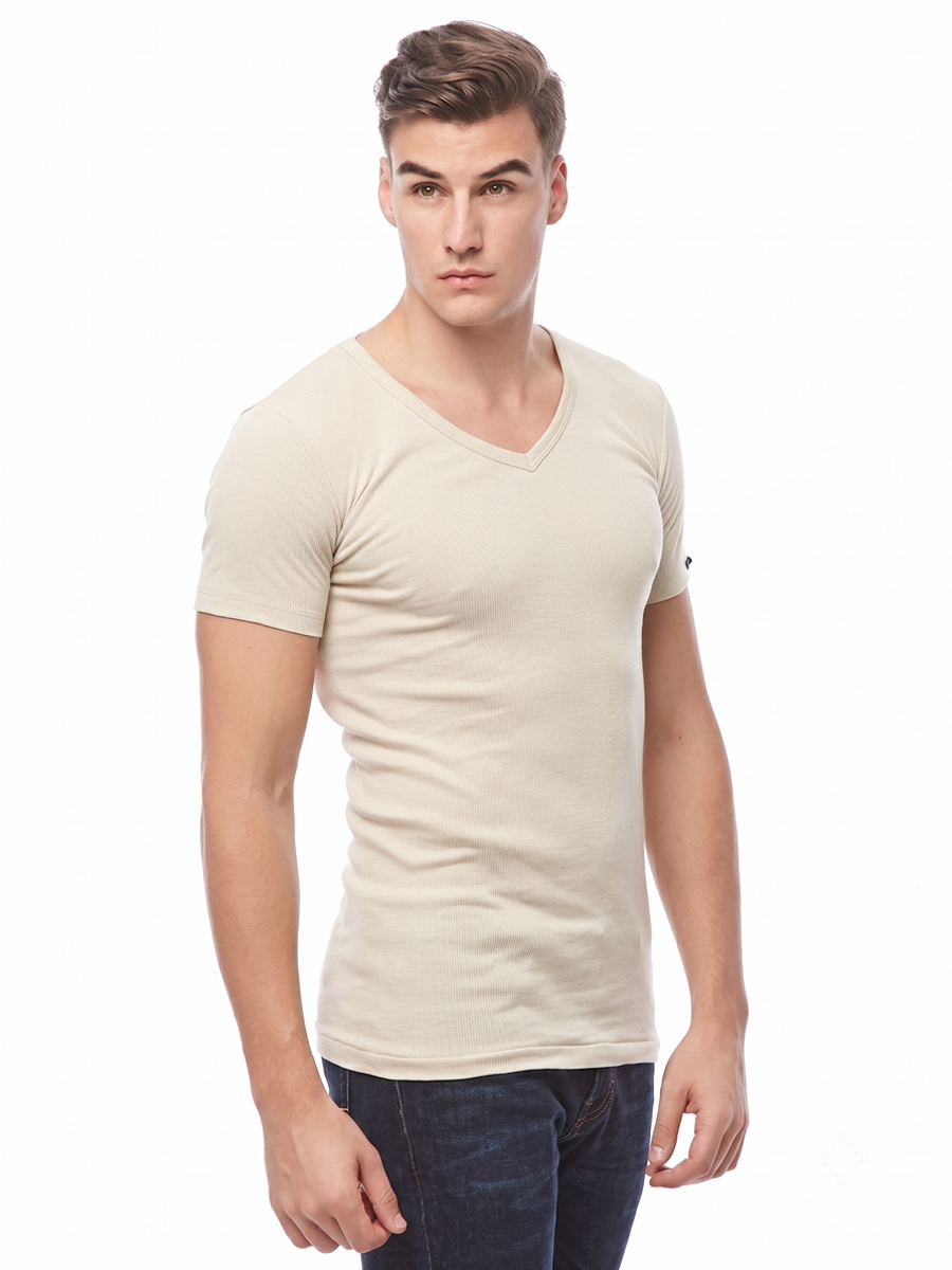 COTTONIL Men's Ribbed Cotton V-Neck Short-Sleeve Undershirt - Beige