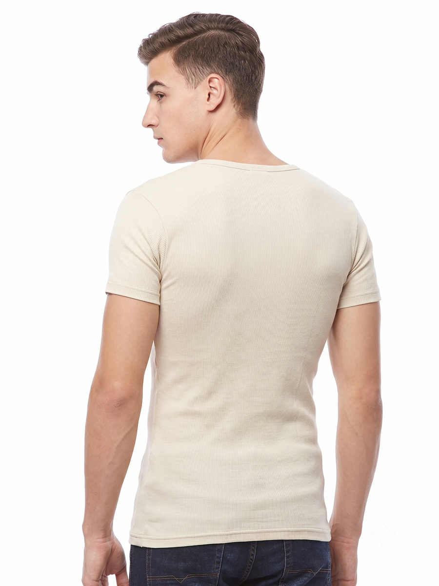 COTTONIL Men's Ribbed Cotton V-Neck Short-Sleeve Undershirt - Beige