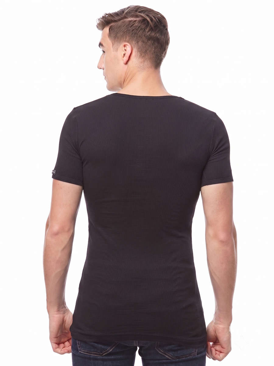 COTTONIL Men's Ribbed Cotton V-Neck Short-Sleeve Undershirt - Black