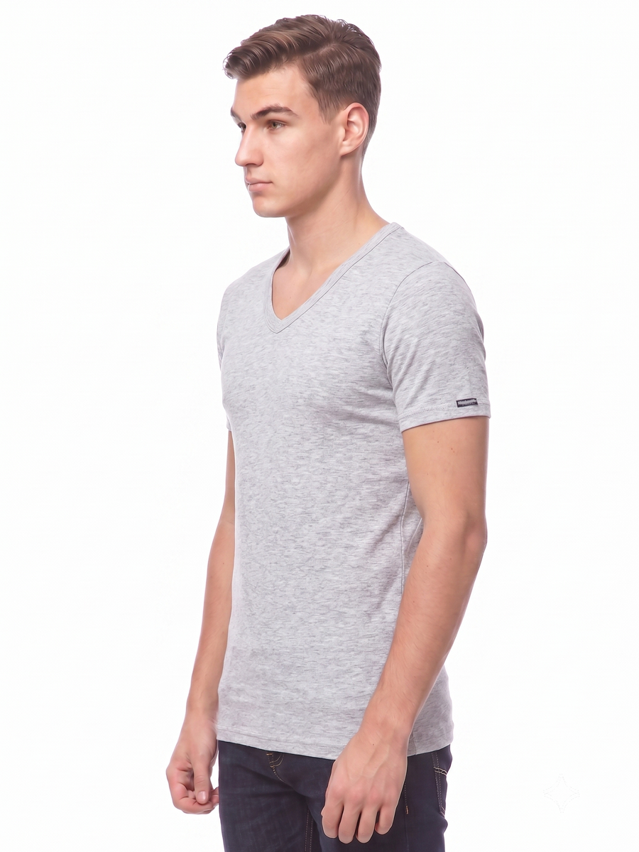 COTTONIL Men's Ribbed Cotton V-Neck Short-Sleeve Undershirt - Grey Melange