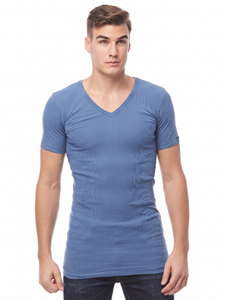 COTTONIL Men's Ribbed Cotton V-Neck Short-Sleeve Undershirt - L.Blue
