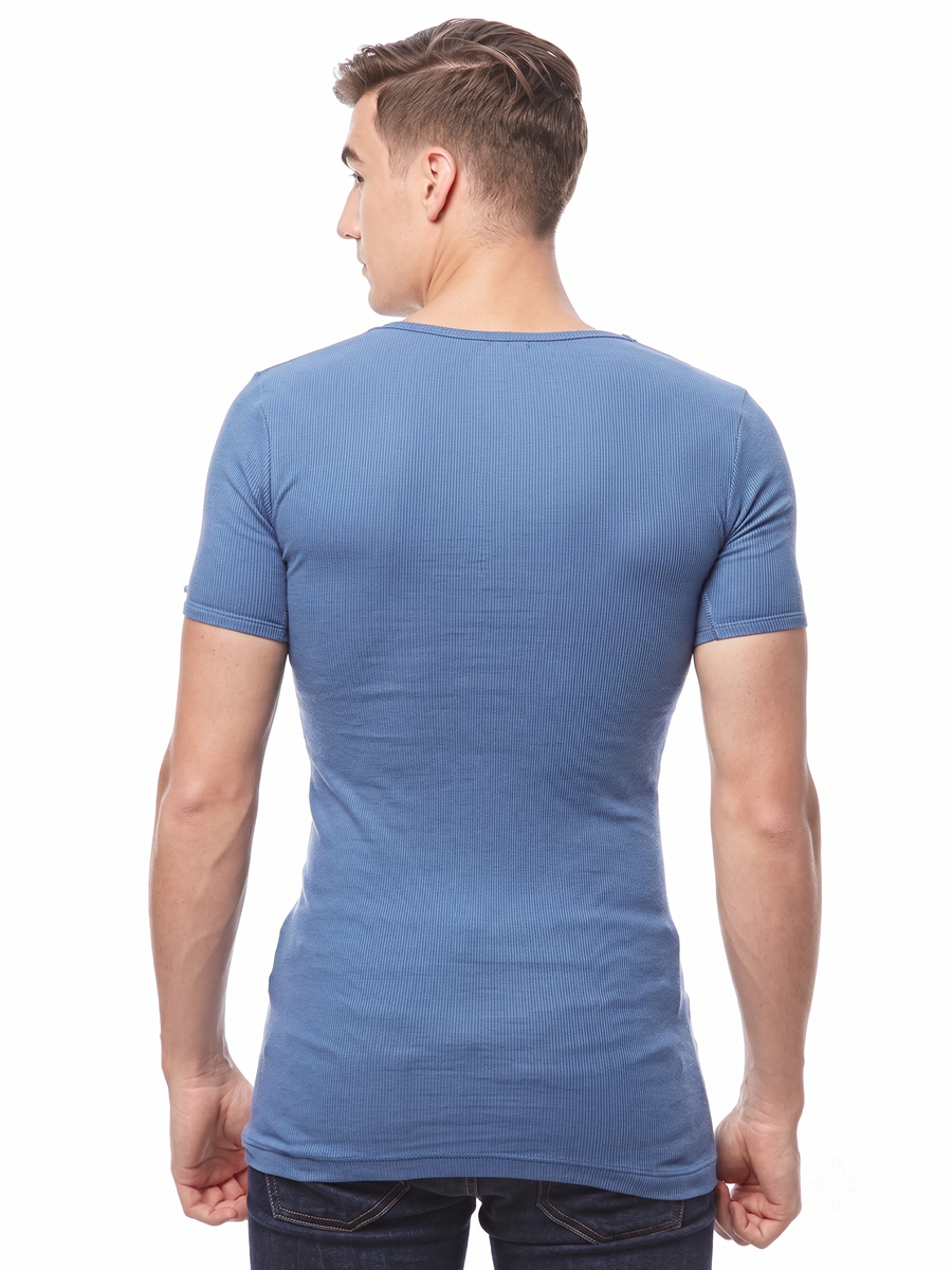 COTTONIL Men's Ribbed Cotton V-Neck Short-Sleeve Undershirt - L.Blue