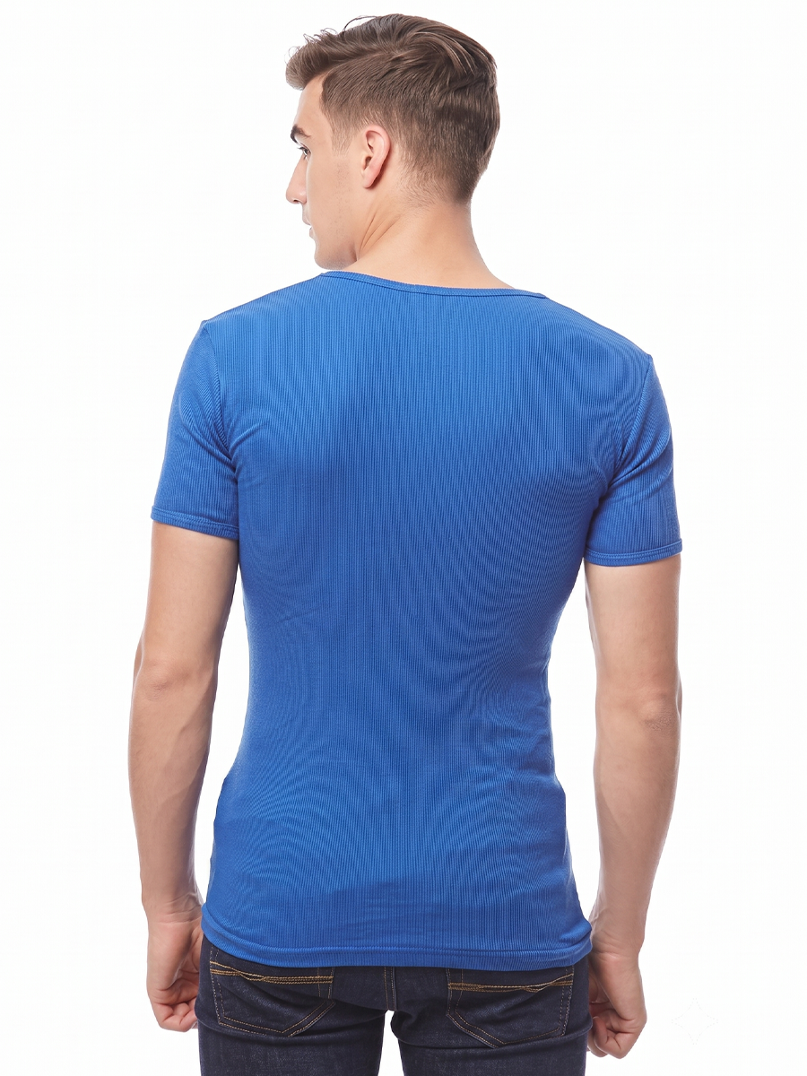 COTTONIL Men's Ribbed Cotton V-Neck Short-Sleeve Undershirt - Mid Blue