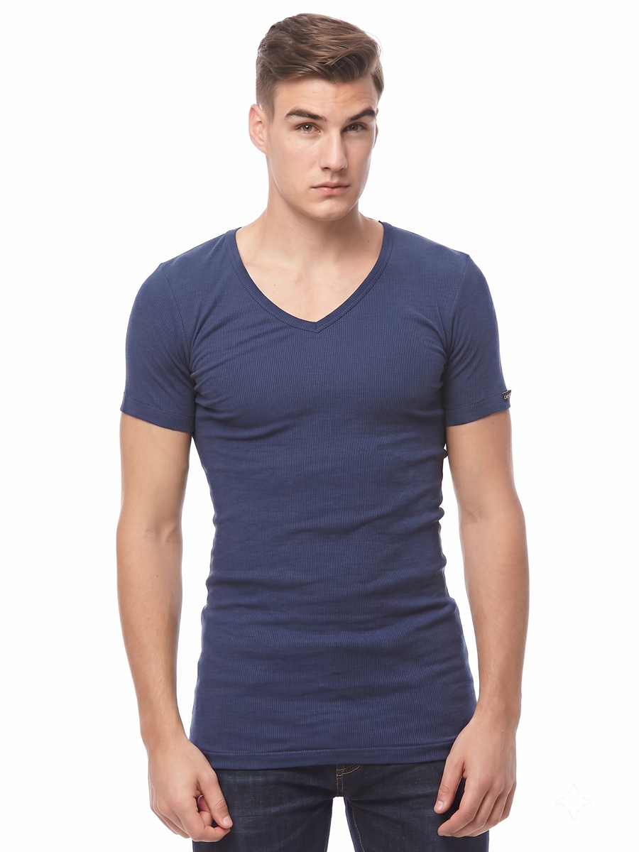 COTTONIL Men's Ribbed Cotton V-Neck Short-Sleeve Undershirt - Navy