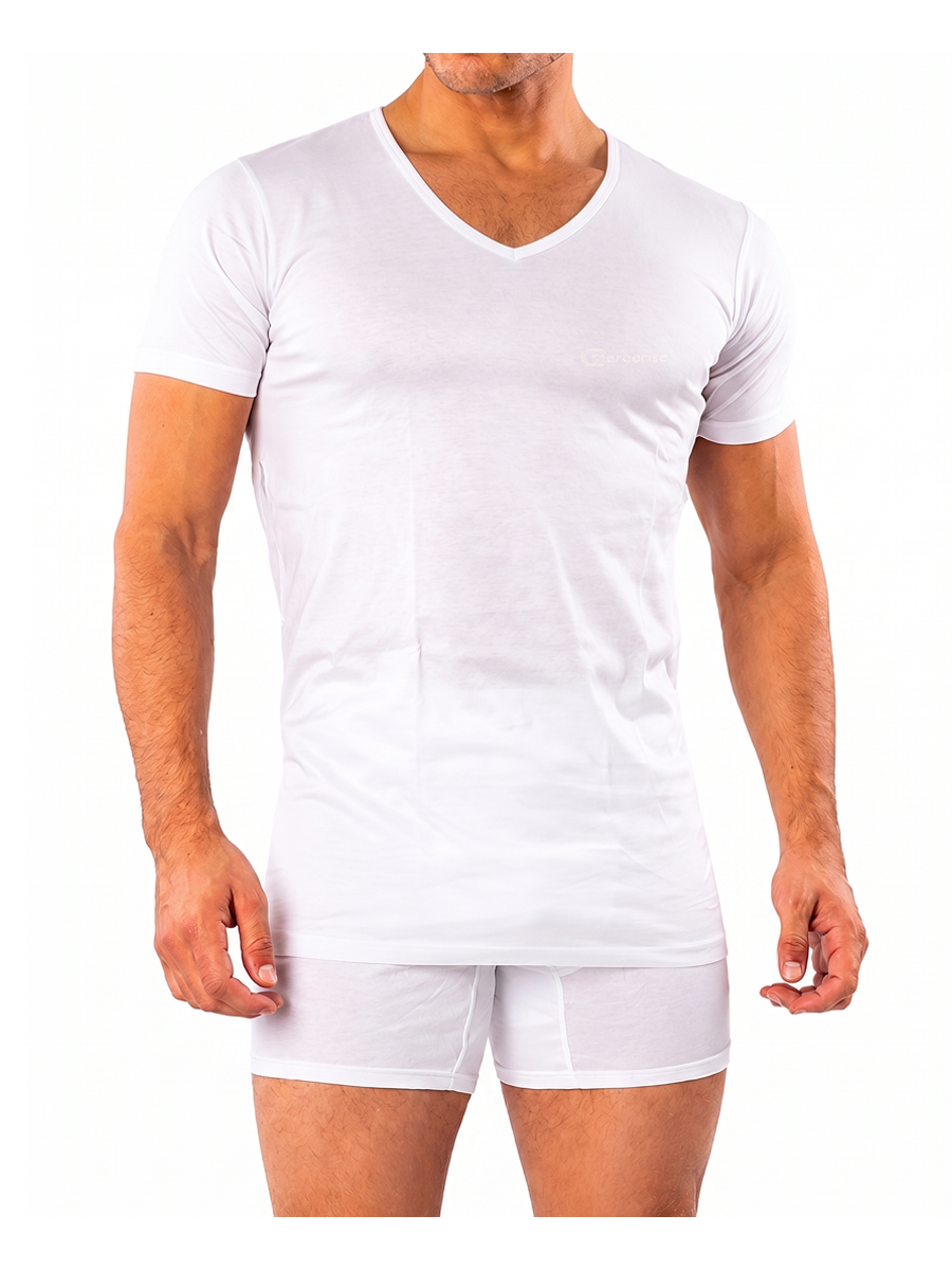 COTTONIL Men's Mercerised Cotton V-Neck Short-Sleeve Undershirt - White