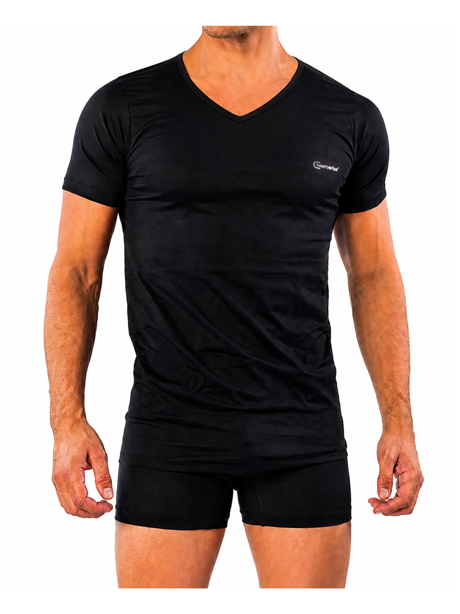 COTTONIL Men's Mercerised Cotton V-Neck Short-Sleeve Undershirt - Black