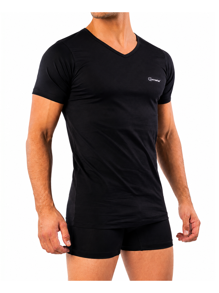 COTTONIL Men's Mercerised Cotton V-Neck Short-Sleeve Undershirt - Black