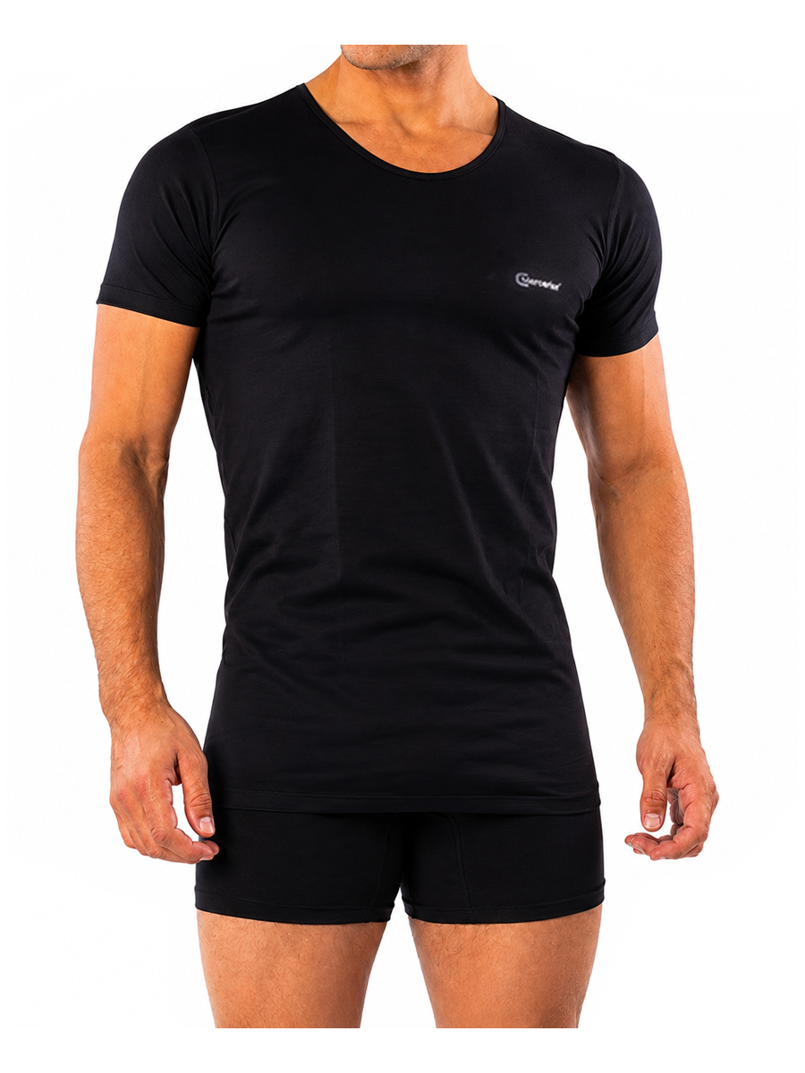 COTTONIL Men's Mercerised Cotton U-Neck Short-Sleeve Undershirt - Black