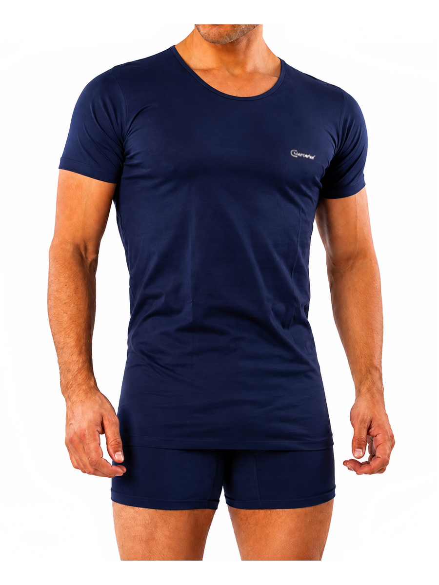 COTTONIL Men's Mercerised Cotton U-Neck Short-Sleeve Undershirt - Navy