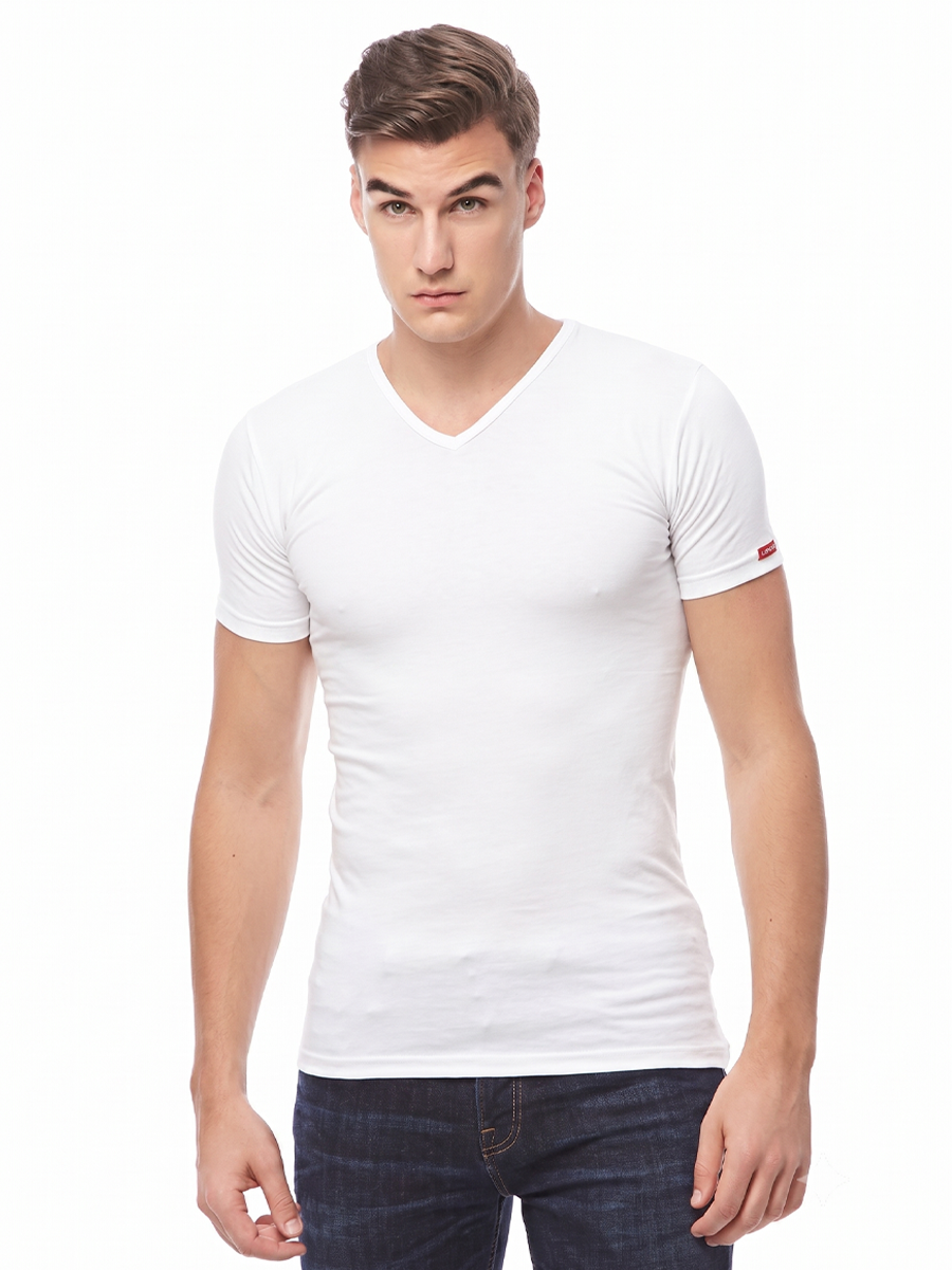 COTTONIL Men's Cotton Stretch V-Neck Short-Sleeve Undershirt - White