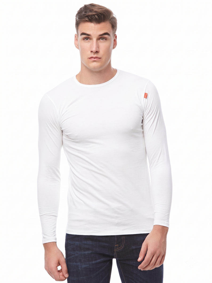 COTTONIL Men's Cotton Stretch O-Neck Long-Sleeve Undershirt - White