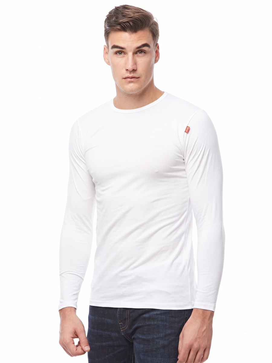COTTONIL Men's Cotton Stretch O-Neck Long-Sleeve Undershirt - White