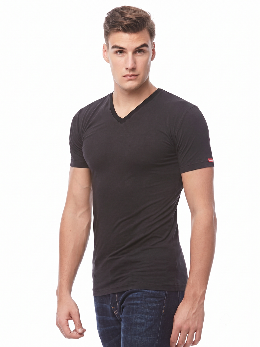 COTTONIL Men's Cotton Stretch V-Neck Short-Sleeve Undershirt - Black