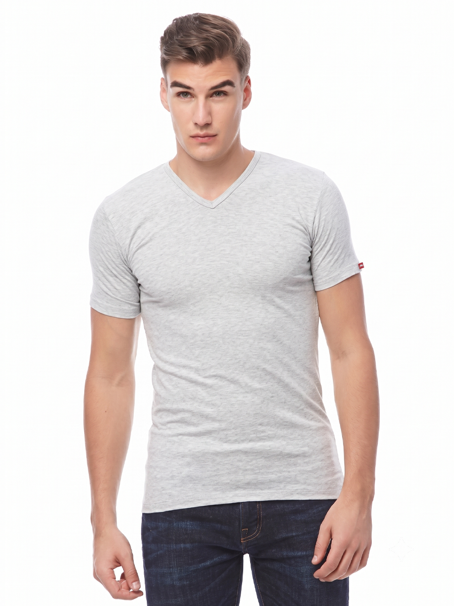 COTTONIL Men's Cotton Stretch V-Neck Short-Sleeve Undershirt - Grey Melange