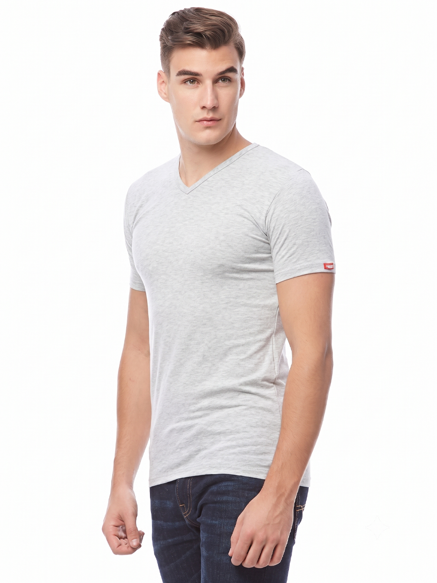 COTTONIL Men's Cotton Stretch V-Neck Short-Sleeve Undershirt - Grey Melange