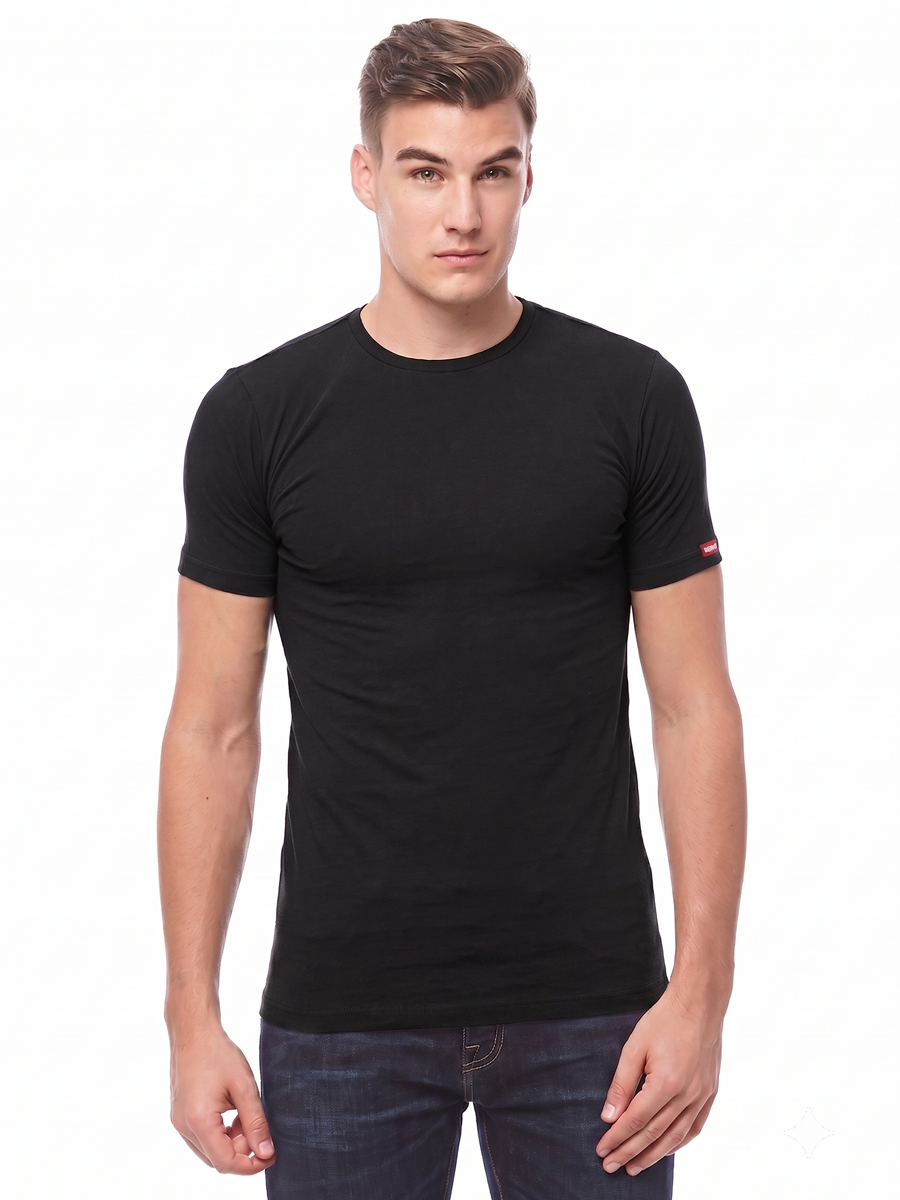 COTTONIL Men's Cotton Stretch O-Neck Short-Sleeve Undershirt - Black