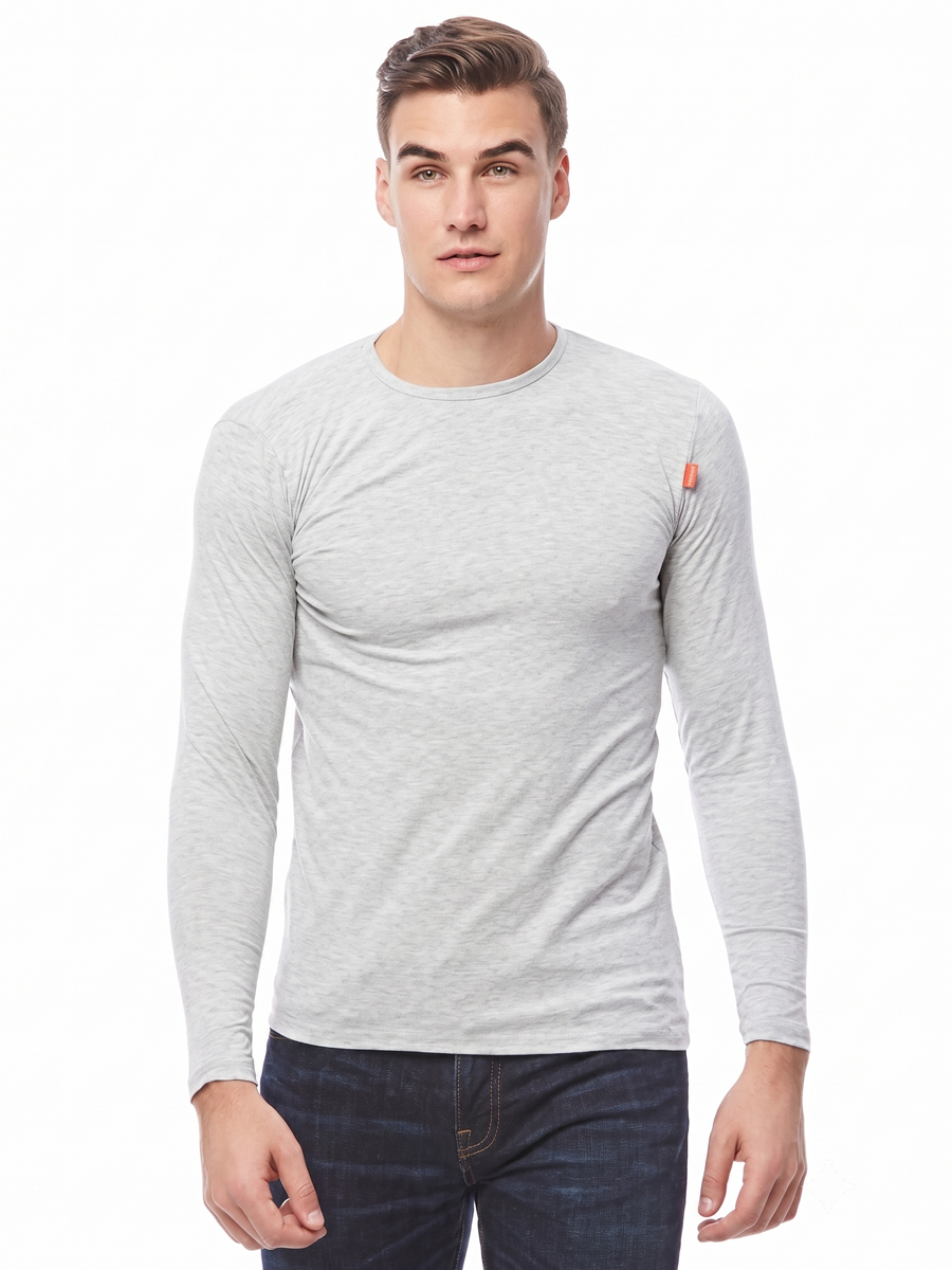 COTTONIL Men's Cotton Stretch O-Neck Long-Sleeve Undershirt - Grey Melange