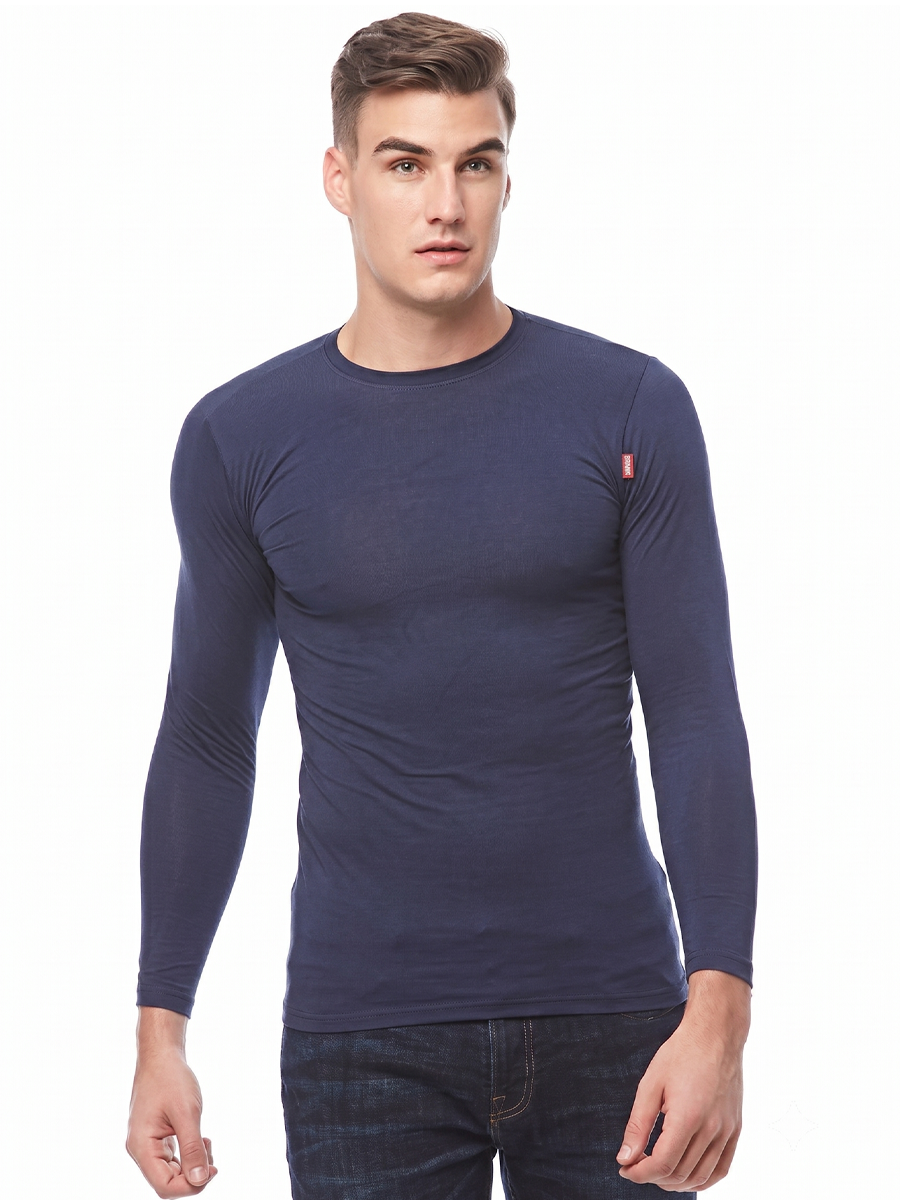 COTTONIL Men's Cotton Stretch O-Neck Long-Sleeve Undershirt - Navy