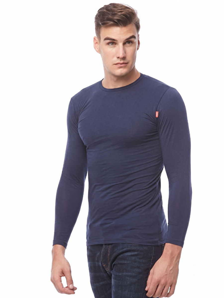 COTTONIL Men's Cotton Stretch O-Neck Long-Sleeve Undershirt - Navy