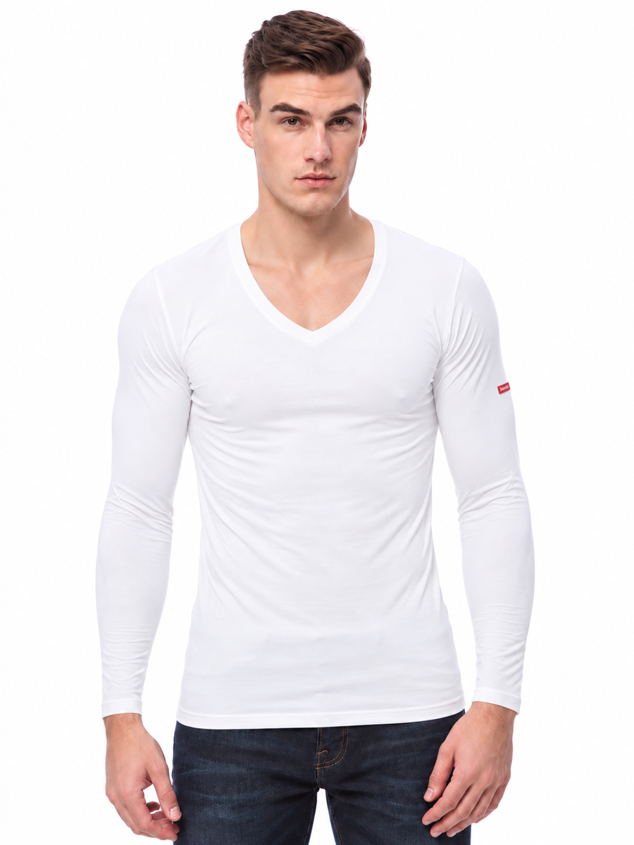 COTTONIL Men's Cotton Stretch V-Neck Long-Sleeve Undershirt - White