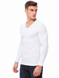 COTTONIL Men's Cotton Stretch V-Neck Long-Sleeve Undershirt - White