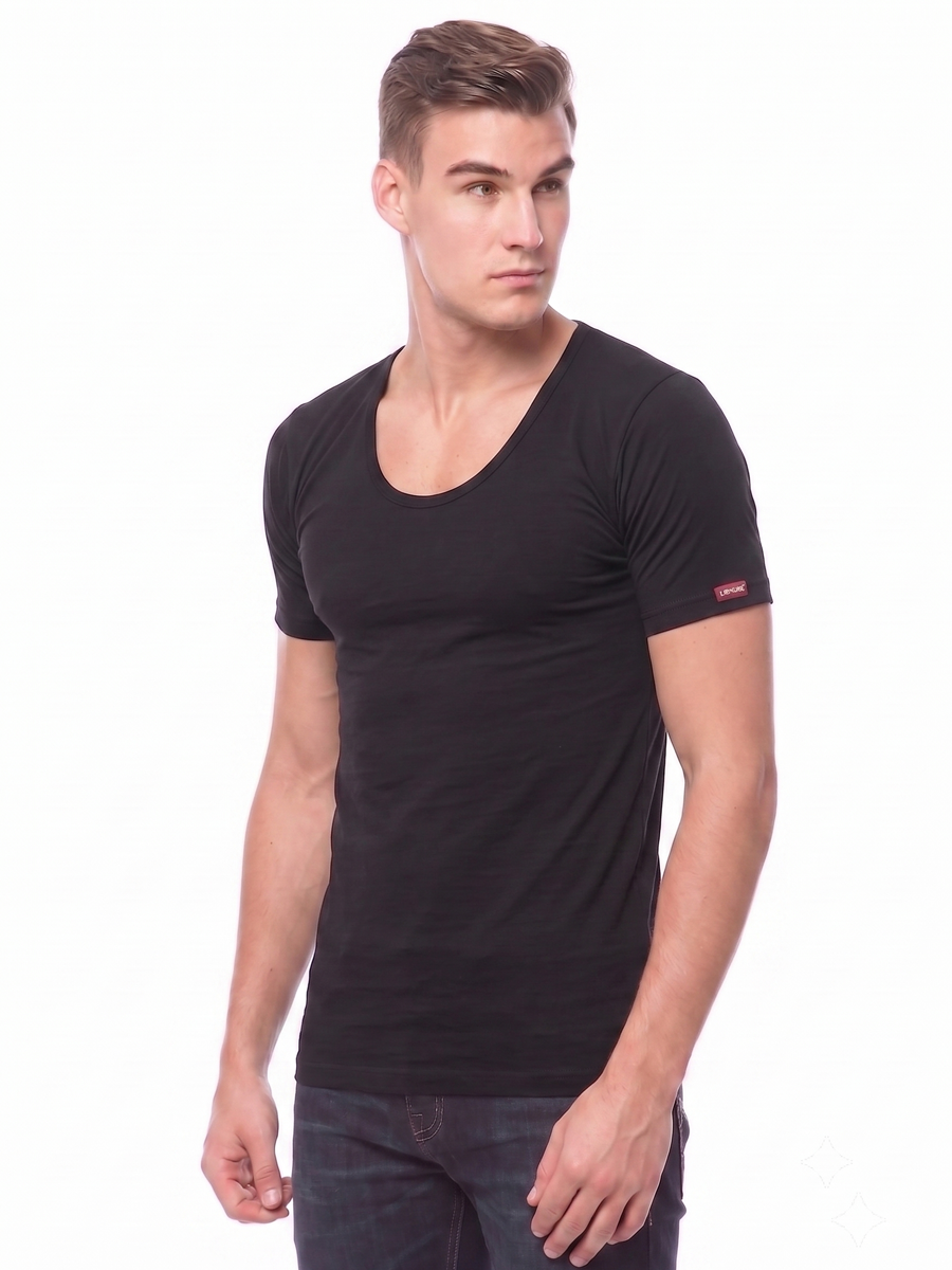 COTTONIL Men's Cotton Stretch U-Neck Short-Sleeve Undershirt - Black