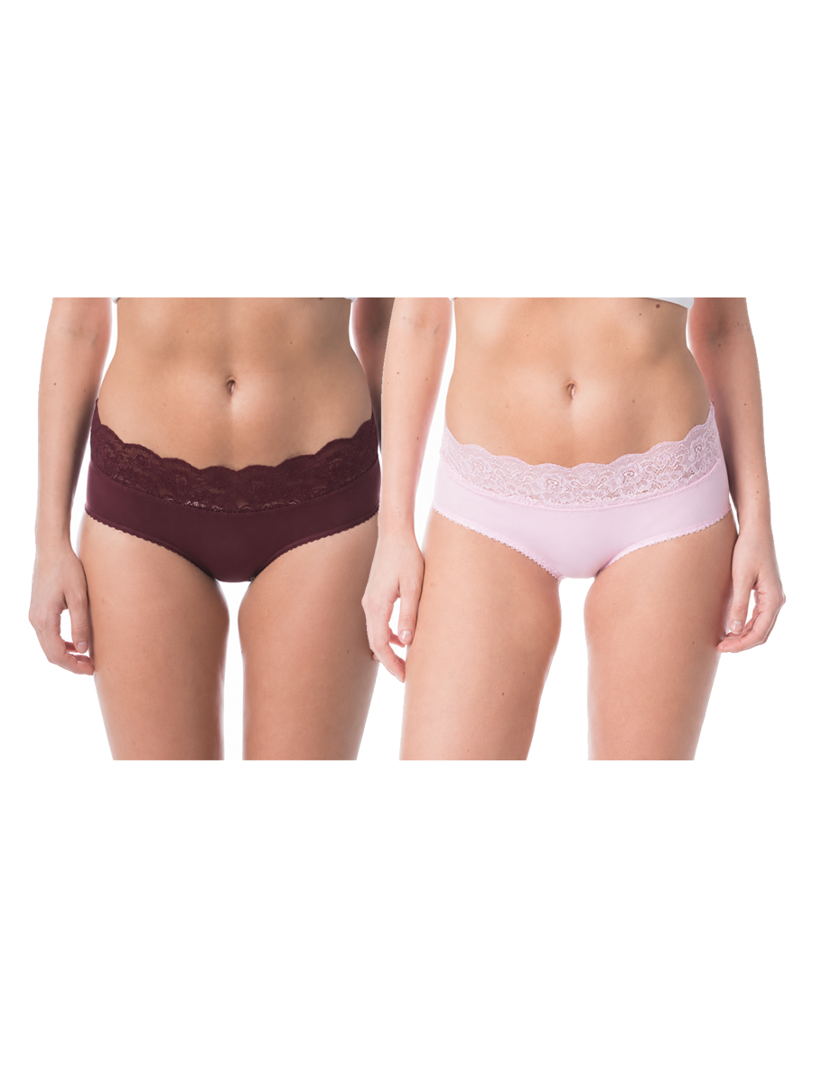 COTTONIL Women's Cotton Candy Lace Midi Briefs - Pack of 2 - Burgundy/Pink