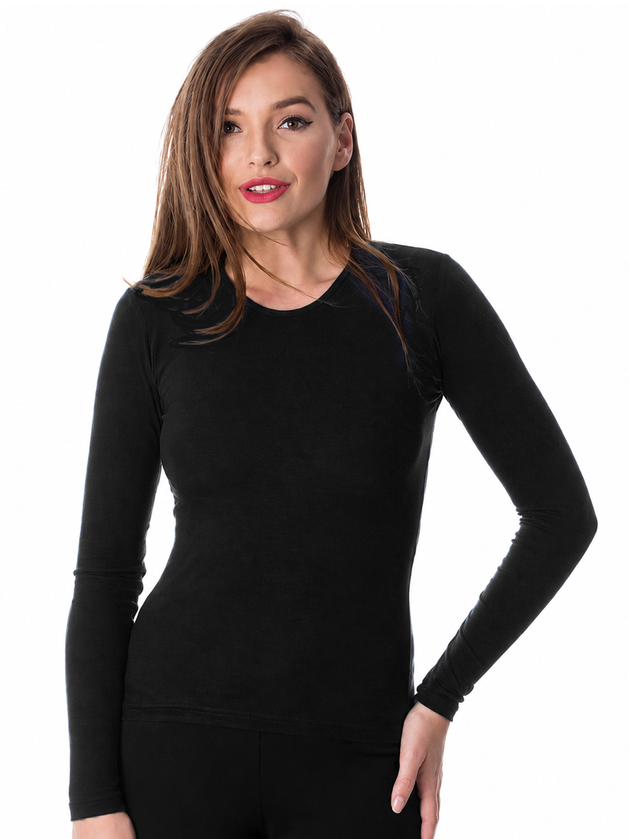 COTTONIL Women's Cotton Crew Neck Long-Sleeve Undershirt - Black