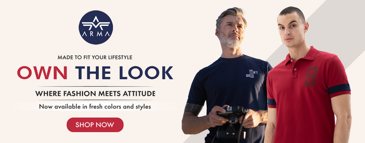 Two men wearing Arma clothing with promotional text and branding.