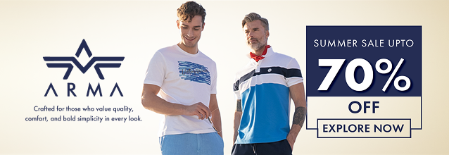 Two men wearing Arma clothing with a summer sale banner on a beige background
