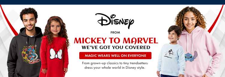 Promotional banner for Disney clothing featuring children in various styles with the Disney logo.